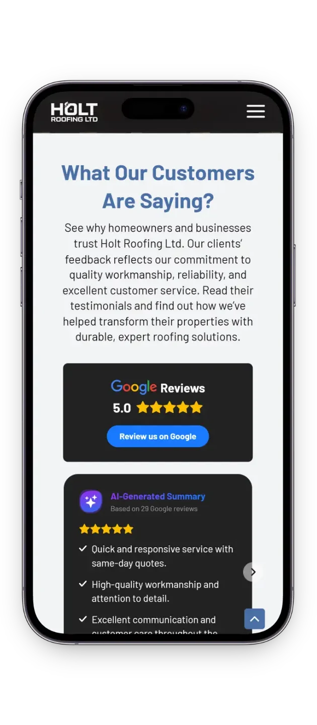The holt roofing ltd website showing the review section using Elf Sight