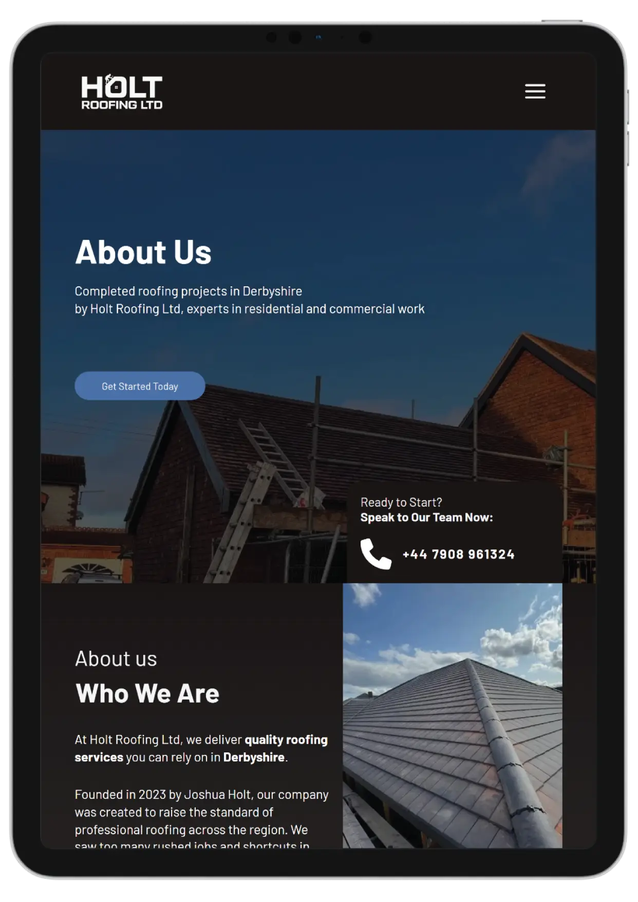 The about us page on the Holt Roofing website in a tablet style mockup to show the responsiveness of the website across devices