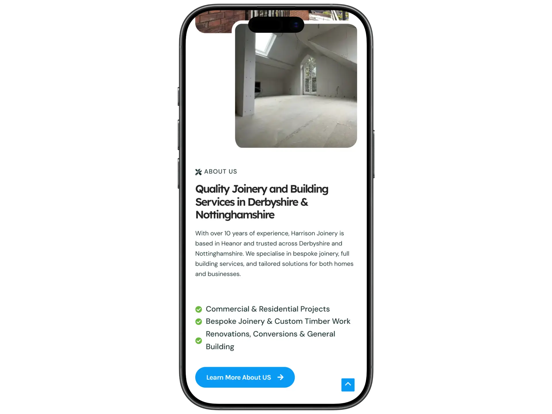 A mobile mockup of harrison joinery, showing off a clean, well designed section on the home page
